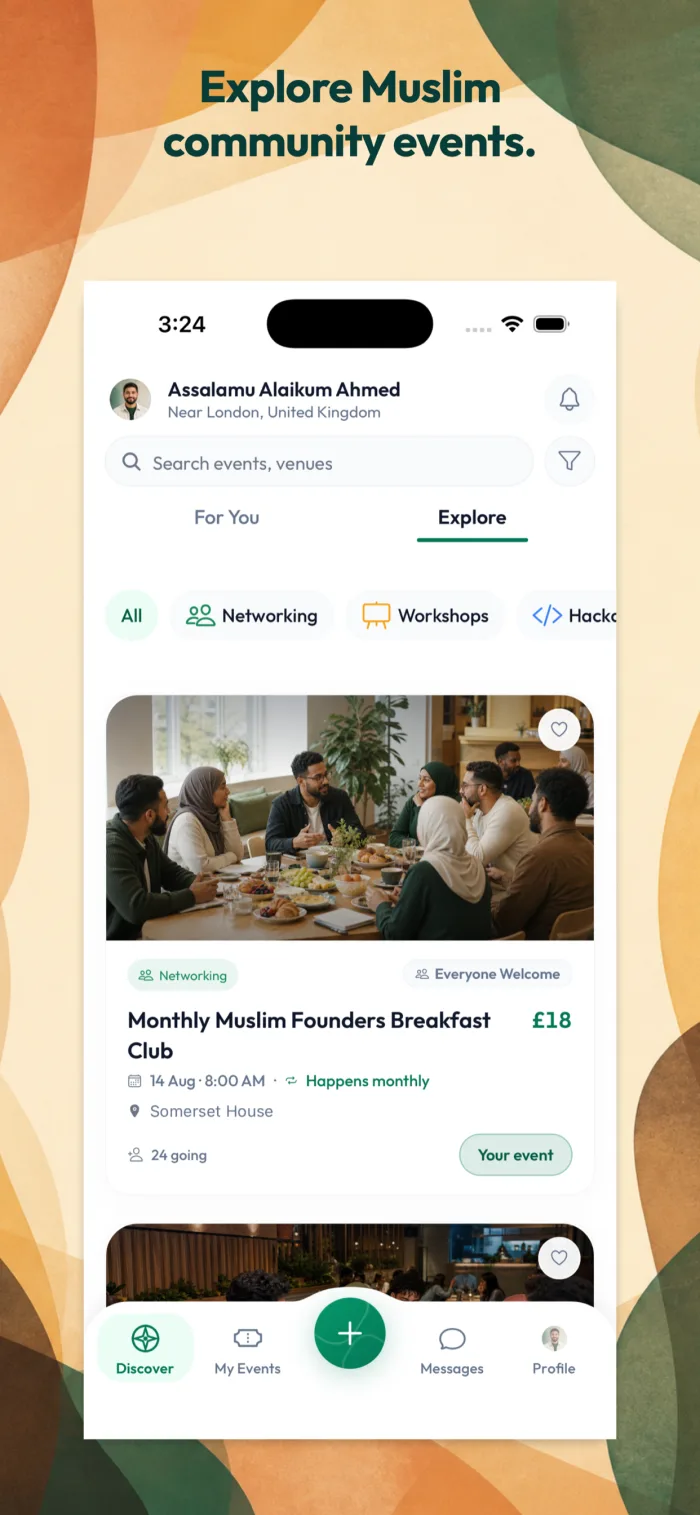Haaameem Explore screen showing event categories