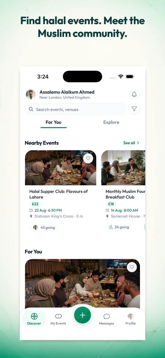Haaameem Discover screen showing nearby events