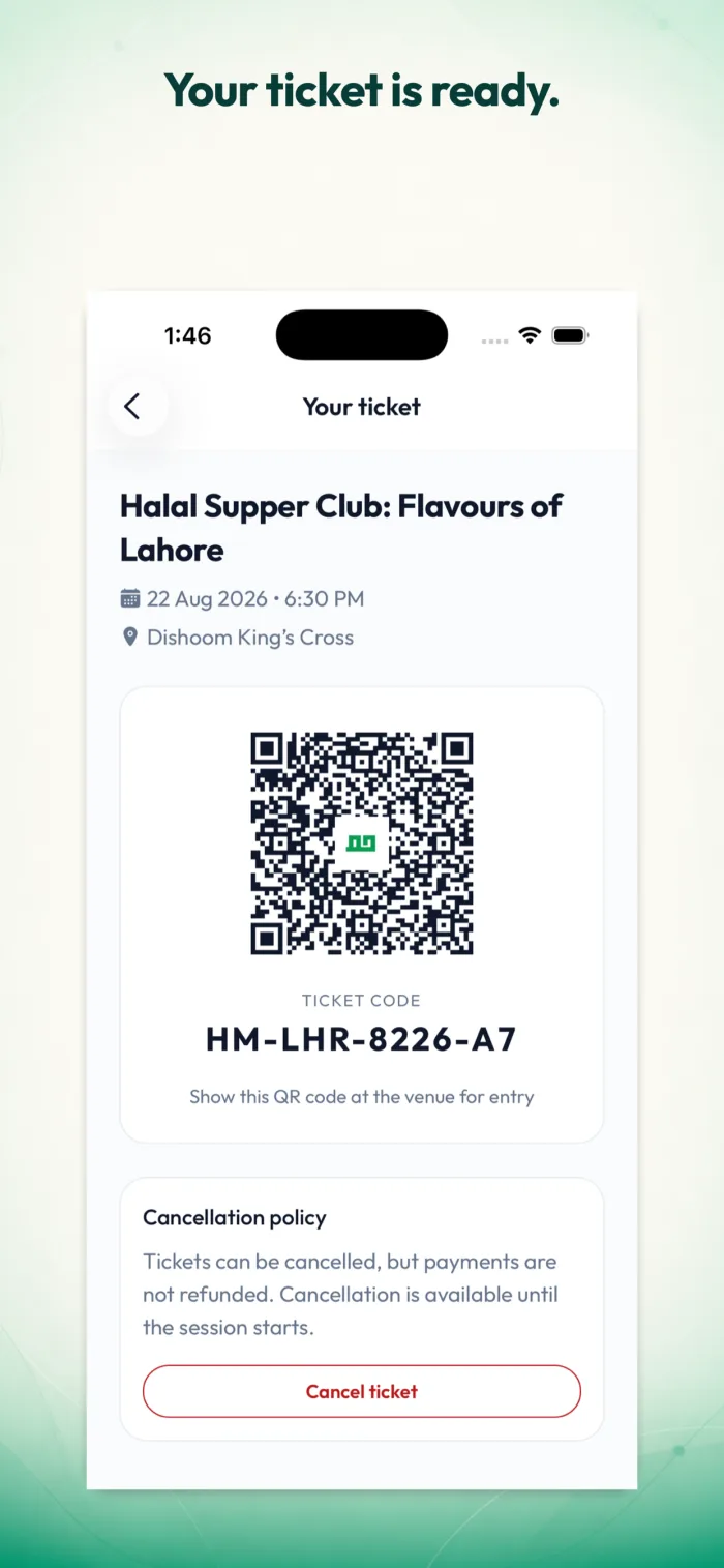 Haaameem ticket screen with a QR code